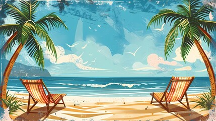 Retro beach palm trees scene illustration poster background