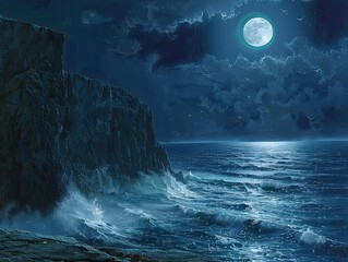 Coastal Cliff Night - Serenity - Moonlit Seascape - A rugged coastal cliff with crashing waves...