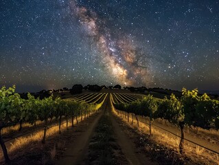 Countryside Vineyard Night - Tranquility - Vineyard Glow - A peaceful countryside vineyard with...