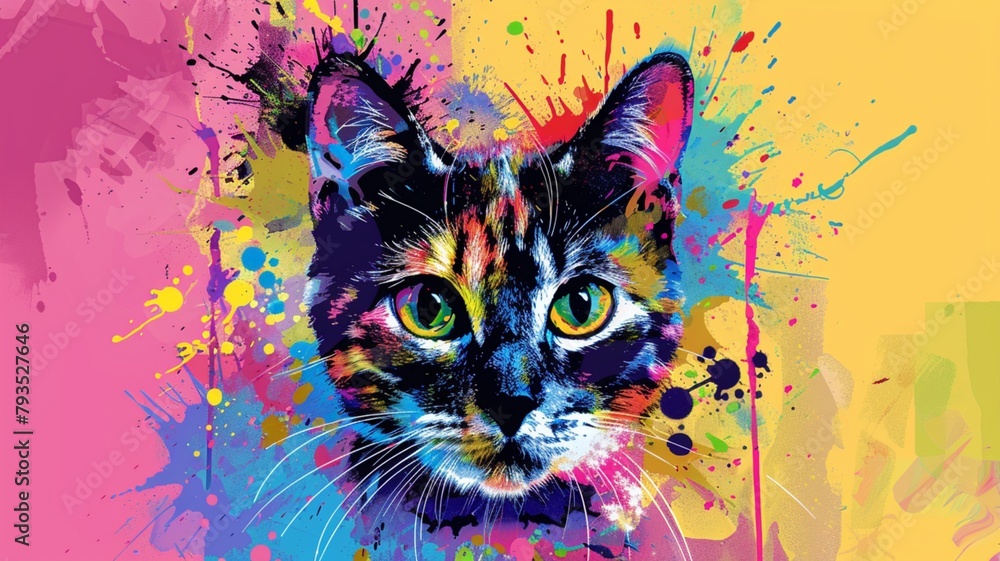 Aufkleber vivid design of cat portrait with paint splashes. colorful print design of cat in realistic style on