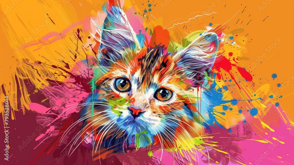 Poster vivid design of cat portrait with paint splashes. colorful print design of cat in realistic style on