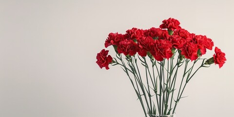 A close shot of a bouquet of red carnations in a vase with a clean studio white backdrop with a big space for text or product advertisement background, Generative AI. - obrazy, fototapety, plakaty