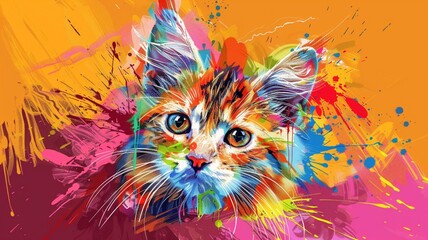 Vivid design of cat portrait with paint splashes. Colorful print design of cat in realistic style on bright background. AI generated illustration