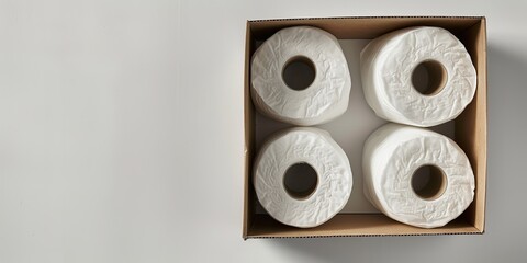Top view of toilet tissue roles on carton box a plain white backdrop and a big space for text or product advertisement background, Generative AI.