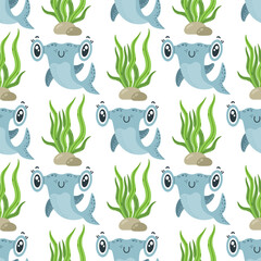 Baby shark seamless vector pattern. A funny wild hammerhead swims among the reef seaweed. Cute underwater animal on the seabed. Cartoon ocean fish smiles, waves its fin. Marine background for kids