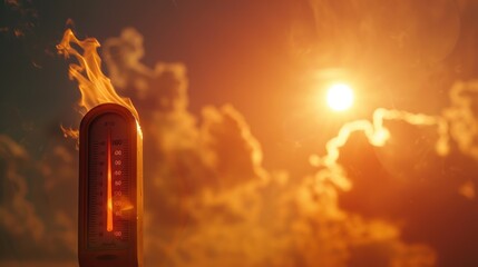 Fire thermometer,Hot temperature concept with hot sun background, orange sky