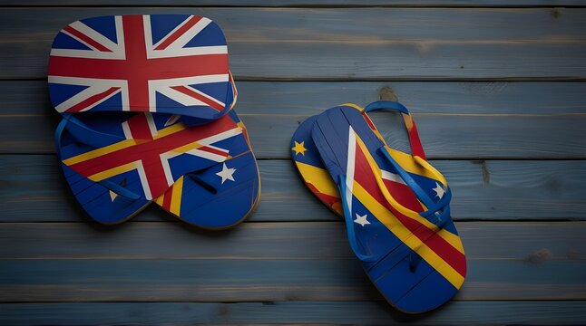 Thongs with flag of Cape Verdeon blue wooden boards .Generative AI