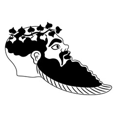 Head in profile of a bearded ancient Greek Satyr wearing ivy wreath. Vase painting style. Black and white silhouette. - obrazy, fototapety, plakaty
