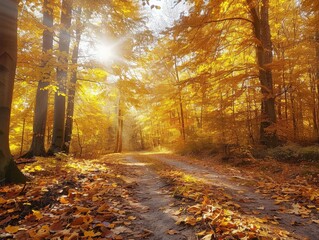 Golden Forest - Warmth - Autumn Canopy - A forest ablaze with golden hues of autumn foliage, with sunlight filtering through the canopy to create a warm and inviting atmosphere