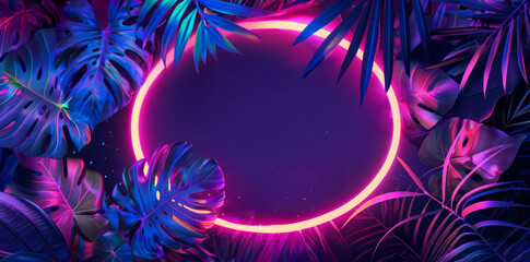 Fototapeta na wymiar Vibrant neon blue and purple tropical palm leaves and plants, neon oval frame, abstract banner, background