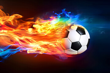 Fire blazing soccer ball engulfed in multi-colored fire and colored plasma. A fantastic colourful illustration of magic power and success.