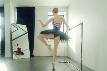 young ballerina in a tutu and pointe shoes standing at the ballet bar poses ballet elements in a counterlight - Powered by Adobe