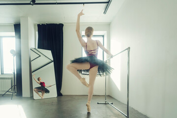 young ballerina in a tutu and pointe shoes standing at the ballet bar poses ballet elements in a...