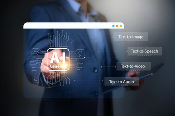 Artificial Intelligence AI concept , Man using tablet and touch an AI program on virtual display.