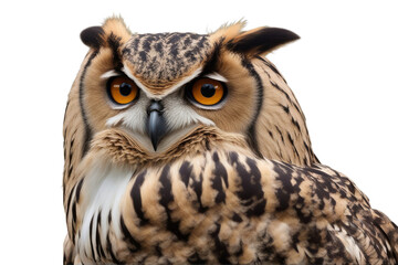 Obraz premium sitting ways isolated white shoulder side bubo turkmenian background looking eagle turcomanus owl lens adult animal bird black brown detailed exotic feather female girl hi-res on large orange sharp 