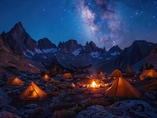 Mountain Majesty - Grandeur - Starry Night Sky - Campfire glowing amidst a cluster of tents in the wilderness