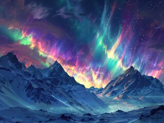 Mountain Pass Night - Majesty - Aurora Borealis - A majestic mountain pass with the vibrant hues of the Northern Lights dancing in the night sky above - obrazy, fototapety, plakaty