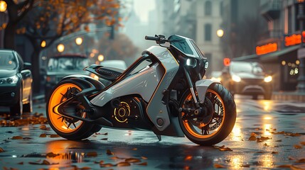 Conceptualize a compact, transformable electric scooterbike hybrid with the ability to switch seamlessly between upright and crouched riding positions Showcase it in a modern, openconcept showroom wit