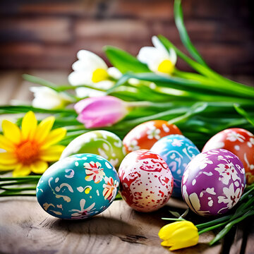 Easter eggs in the grass happy Easter congratulatory Easter background, Easter eggs and flowers Colorful traditional painted Easter eggs on painted rustic wooden, generate ai