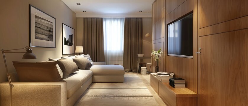 nterior of modern luxure guest room in studio apartments in minimalistic style with sofa and tv --ar 7:3 --v 6.0 - Image #4 @kashif320