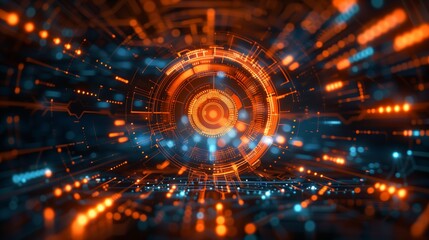 Obraz premium Futuristic Orange and Blue Digital HUD Interface on Dark Background. Concept of Cybersecurity, Data Analysis, and Advanced Technology.