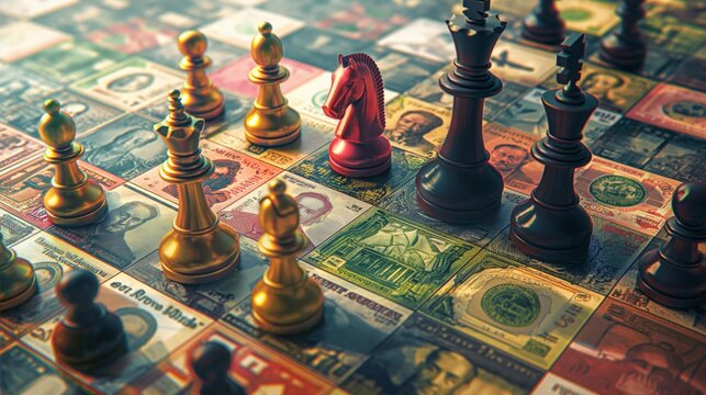 A chess game strategically played on a board of various international currencies, depicting the intricate correlation between global economics and chess-like tactics.