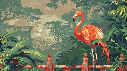 Fototapeta premium A lone cybernetic flamingo stands among ancient jungle ruins, vibrant feathers contrasted with rusty metal parts