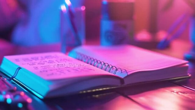 open book in blue neon scenes with blurry background for video overlay