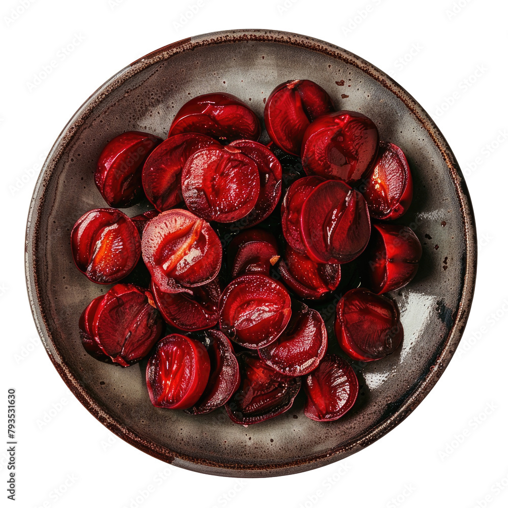 Poster a plate filled with slices of jujube resting on a transparent background