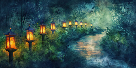 Path to Enlightenment: The Winding Path and Illuminated Lanterns - Imagine a winding path with lanterns lighting the way, symbolizing the path to enlightenment inspired by a deceased leader.