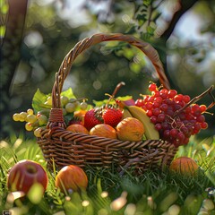 Picnic on a green lawn with a basket of fruits