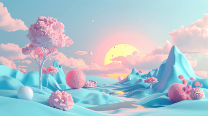 Surreal pastel landscape featuring whimsical floral elements under a dreamy sky with a setting sun.