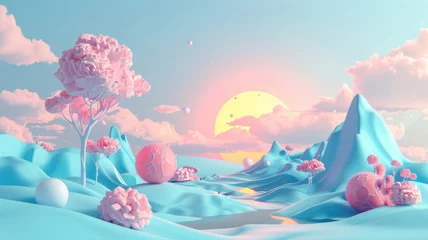 Draagtas Surreal pastel landscape featuring whimsical floral elements under a dreamy sky with a setting sun. © Thinnawat