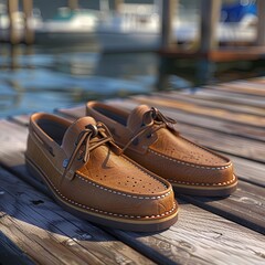 Stylish summer footwear on a wooden dock, in 8K high detail and hyper quality 
