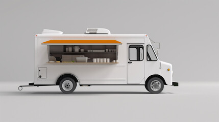 Mockup of white food truck with an open window and orange shading on the side on a plain white background.