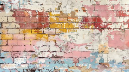 A minimalist take on an old brick wall showing signs of abandonment, with patches of multicolored paint peeling off, evoking a sense of history