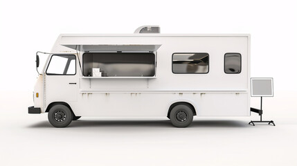 Mockup of white food truck with an open window on the side and standing sign on a plain white background.