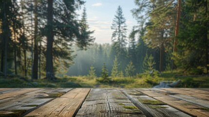 The empty wooden table top with blur background of boreal forest
