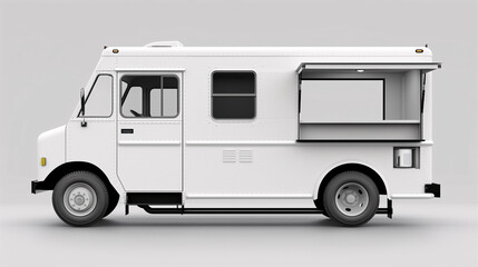 Mockup of white food truck with an open window on the side on a plain light gray background.
