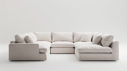 A sleek corner sofa in a minimalist, ivory-colored room, embodying eco-space concepts, isolated on a white background