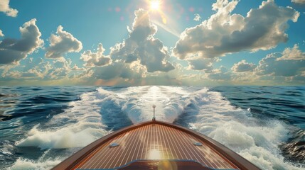 Experience the thrill of summer travel up close with a realistic depiction of boating adventures, where the sun-kissed waves invite excitement and relaxation alike. - obrazy, fototapety, plakaty