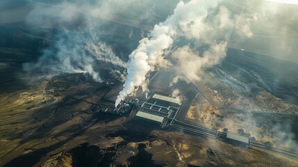 High-altitude view of a geothermal plant in a volcanic area