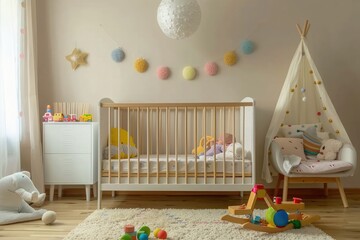 Stylish baby room interior with crib and toys --ar 3:2 --v 6.0 - Image #4 @kashif320