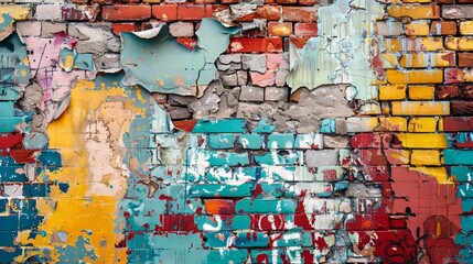 Naklejka premium A weathered brick wall with peeling layers of colorful graffiti, embodying the beauty of urban decay in a minimalistic approach