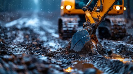 Closeup bucket of backhoe digging the soil at construction site. Crawler excavator digging on demolition site. Excavating machine. Earth moving equipment. Excavation vehicle. Construction business