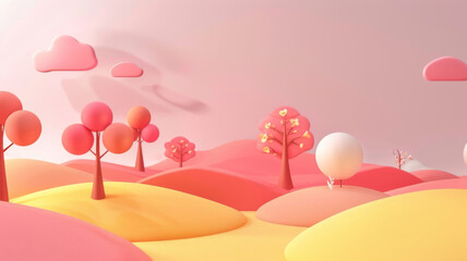 Fototapeta na wymiar Surreal landscape with rolling pastel hills dotted with vibrant, colorful trees under a soft pink sky.