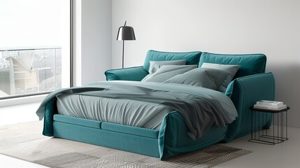 Turquoise sofa bed combining comfort with functionality, designed for modern eco spaces, set against a minimalist background