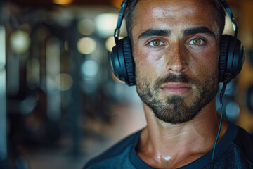 Intense Male Athlete with Headphones at Gym