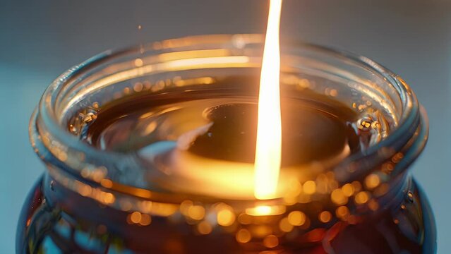 A closeup of a glass jar filled with a dark viscous liquid with a small flame burning at the top. This represents the end product of biofuel production using pyrolysis techniques. .
