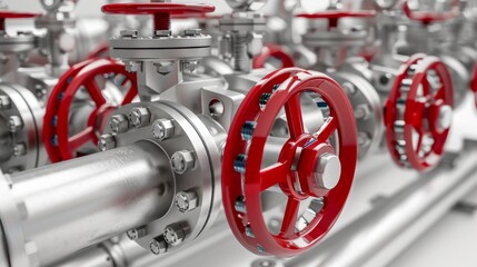 Detailed industrial pipelines and valves with red wheels stand out against a white background in a close-up view.